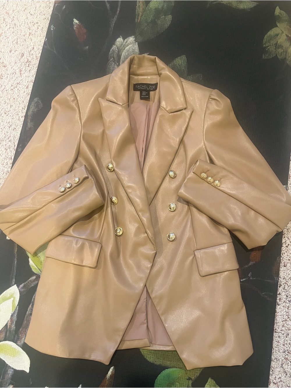 Rachel Zoe Beige Faux Leather Double-Breasted Blazer with Gold Buttons